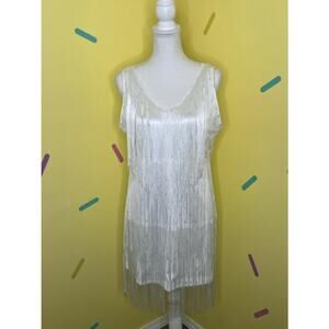 Roaring 20s flapper fringe dress white w/ silver dots women's size small